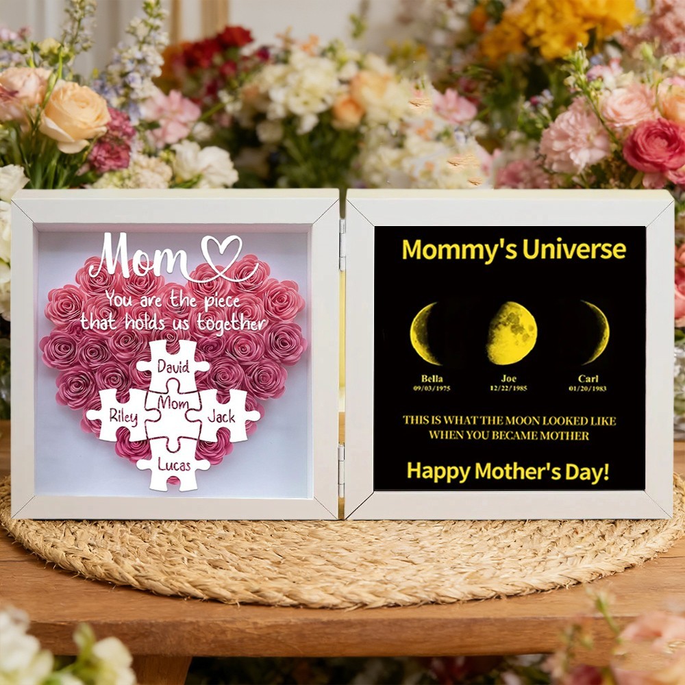 Mum You Are The Piece That Holds Us Together Custom Puzzle Name Flower Shadow Box with Moon Phase Frame for Mum Mother's Day Gifts