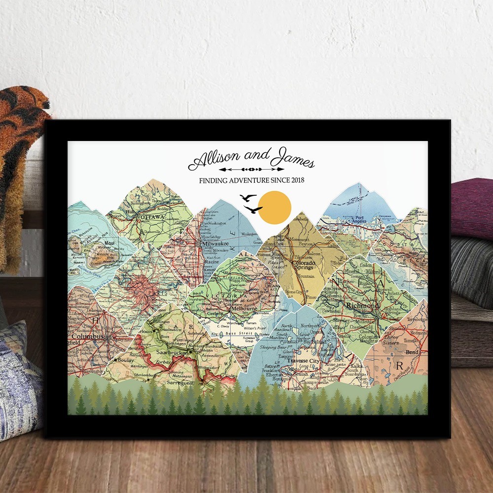 Personalised Adventure Travel Map Art Print Frame Unique Gift for Couples Wedding Anniversary Gift for Husband Wife