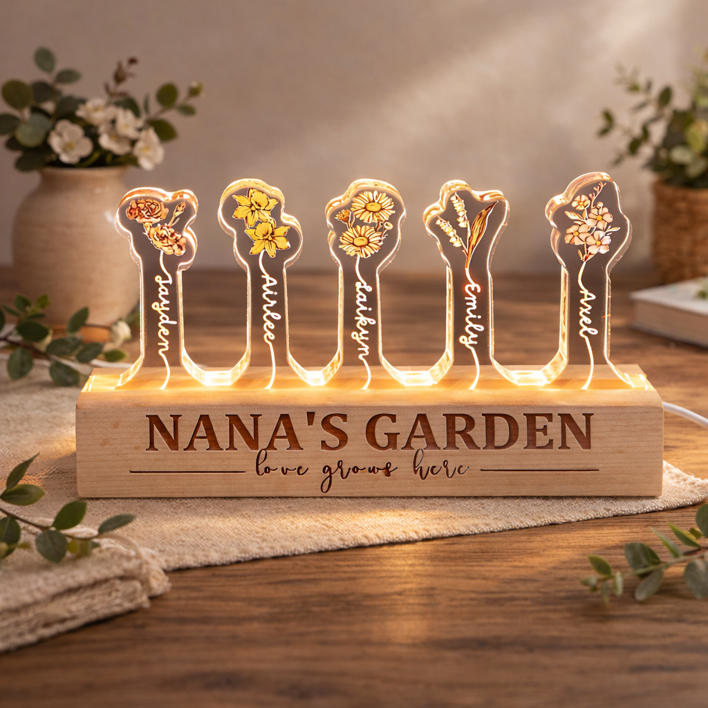 Personalised Nana's Garden Birth Flower Night Light With Kids Names Unique Keepsake Gifts for Mum Grandma Mother's Day Gift