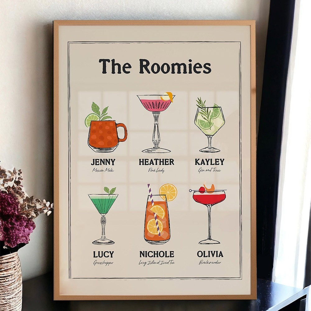 Personalised Roommates Drinks Art Print Frame with Names College Apartment Dorm Art Unique Gifts for Friends