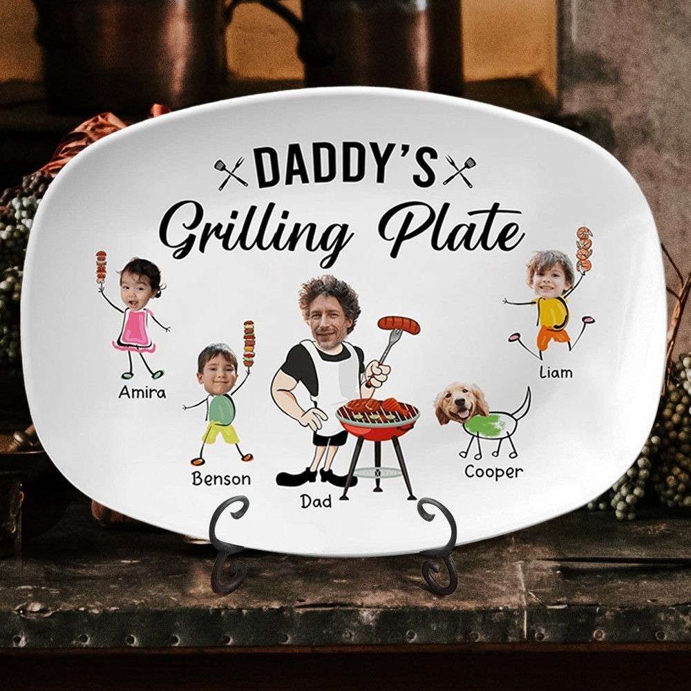 Custom Daddy's Grilling BBQ Plate with Photos and Kids Names Funny Gifts for Dad Grandpa Father's Day Gift