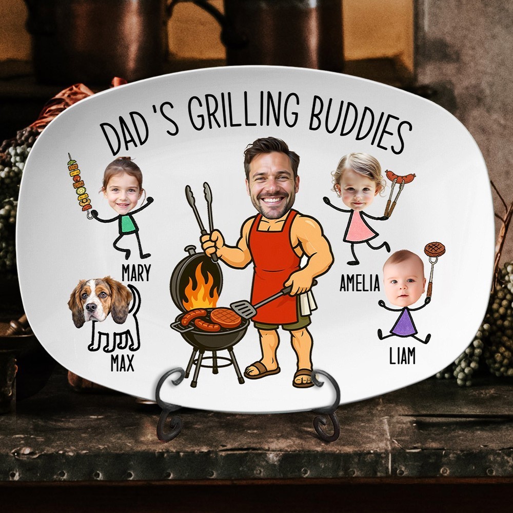 Custom Dad's Grilling BBQ Plate with Photo and Kids Name Unique Gifts for Dad Father's Day Gift