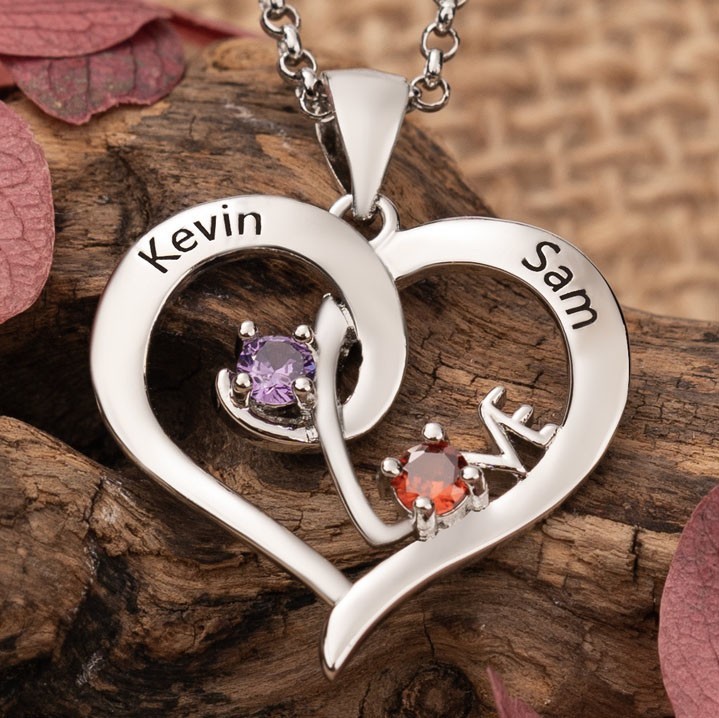 Personalised Heart Shaped Engraved Names Necklace with Birthstones Meaningful Anniversary Gift Ideas Unique Gifts For Her