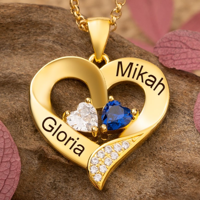 Custom Heart Shaped Birthstones Necklace With Engraved Names Love Gift Ideas Anniversary Gifts For Girlfriend Soulmate