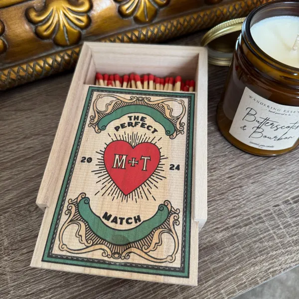 Custom Wood Matchbox with Engraved Initial Engagement Gifts for Couple Valentine's Day Gift New House Gift