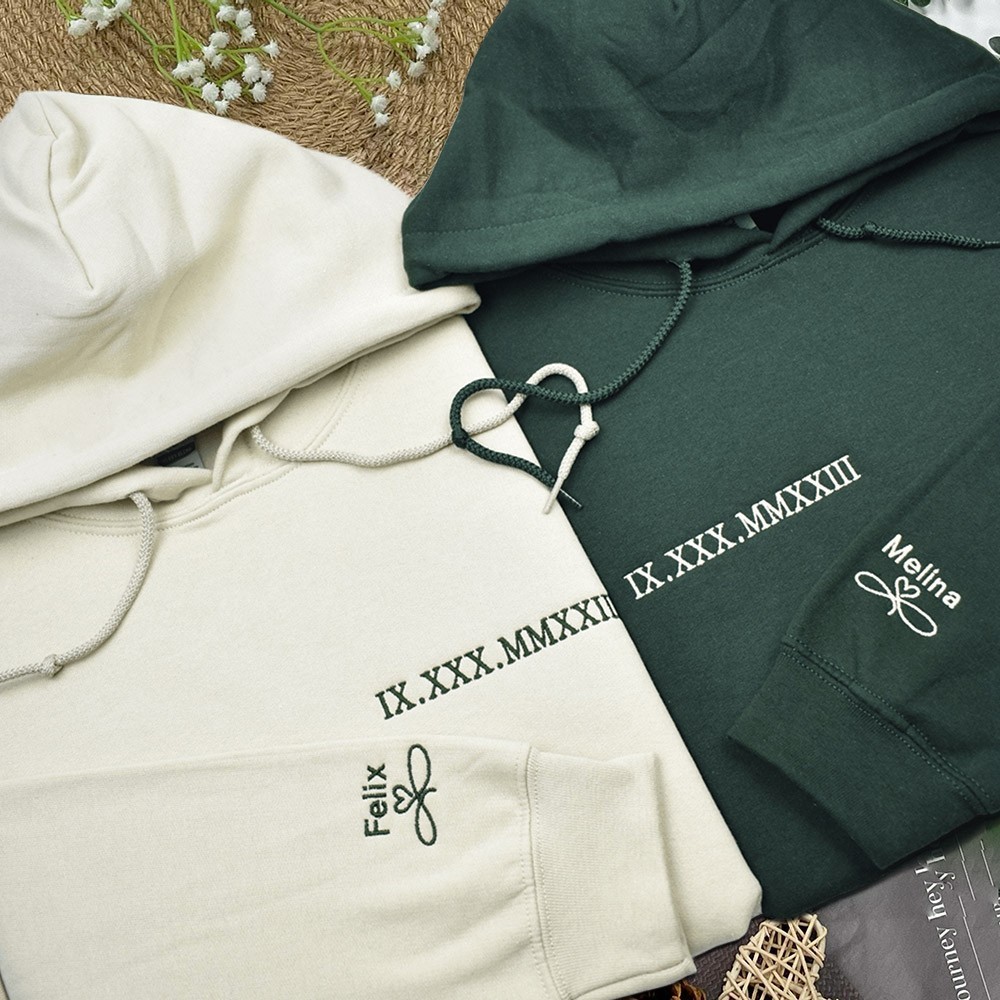 Custom Embroidered Roman Numeral Hoodie Couple Matching Hoodies Anniversary Gifts for Husband Valentine's Day Gift for Couple
