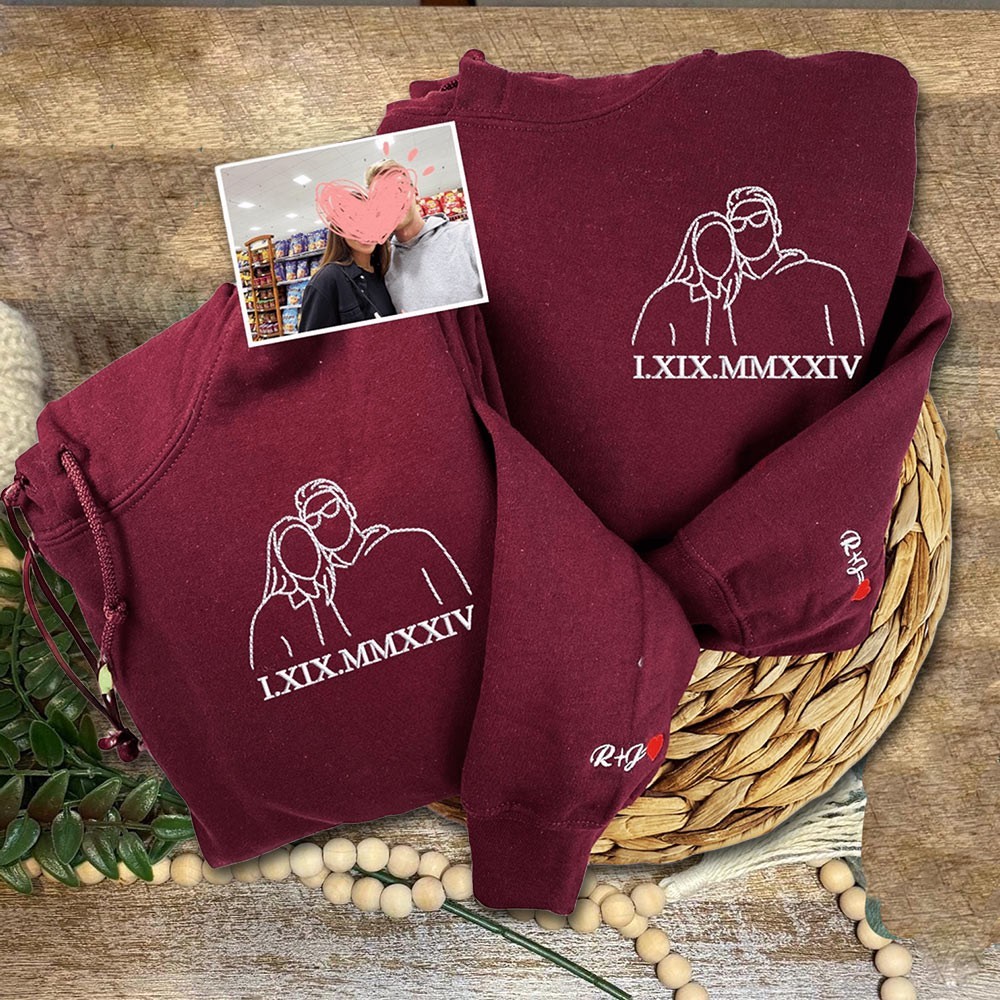 Custom Couple Matching Embroidered Portrait Hoodie with Roman Numeral Anniversary Gifts for Her Valentine's Day Gift for Couple