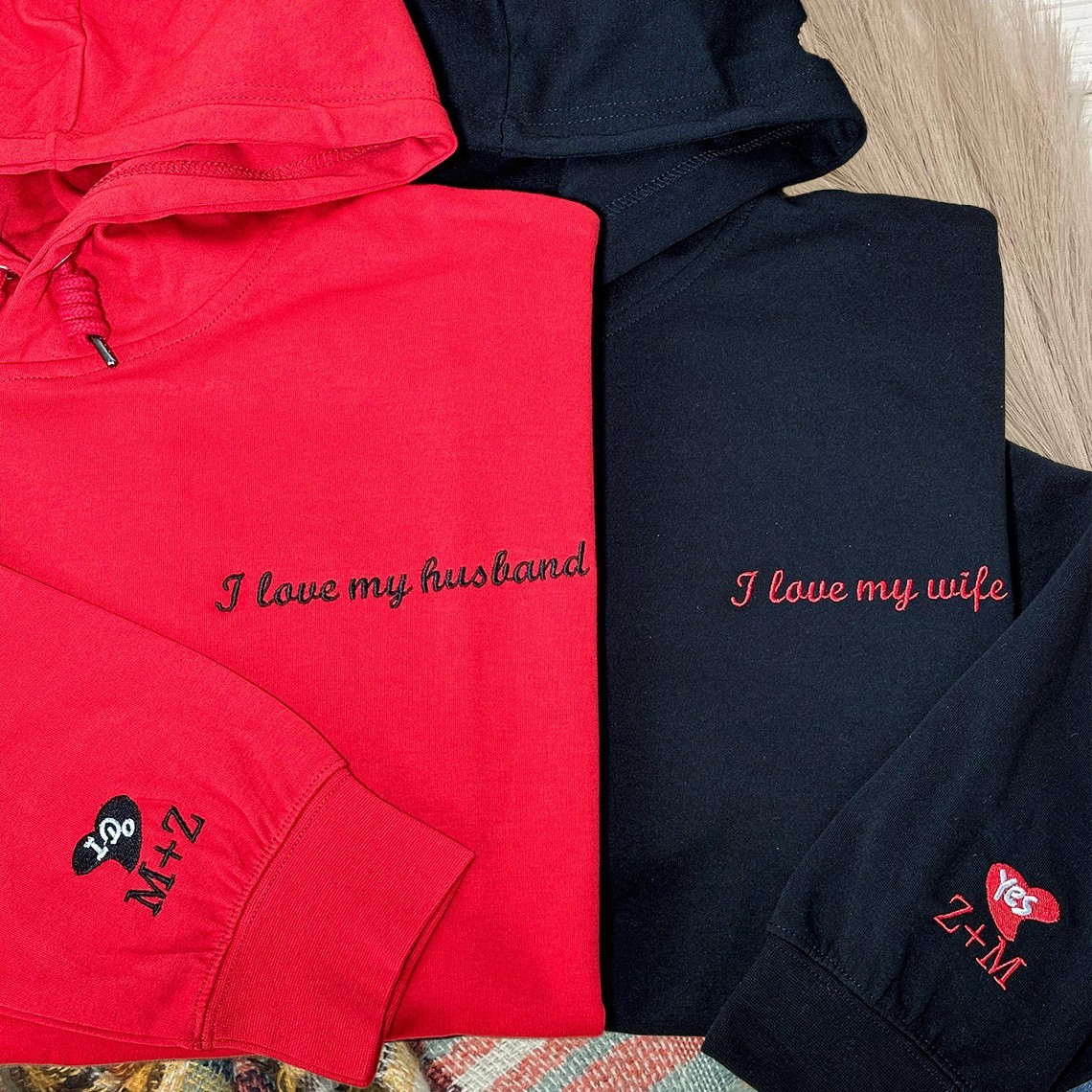 Custom Embroidered I Love My Husband Wife Hoodie Wedding Anniversary Gifts for Her Him Valentine's Day Gift Ideas