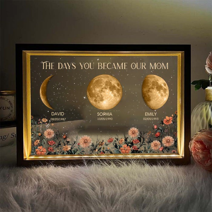 The Days You Became Our Mum Personalised Moon Phase Print Wooden Frame Night Light With Kids Names Unique Lamp Gift for Mum Grandma Mother's Day Gift