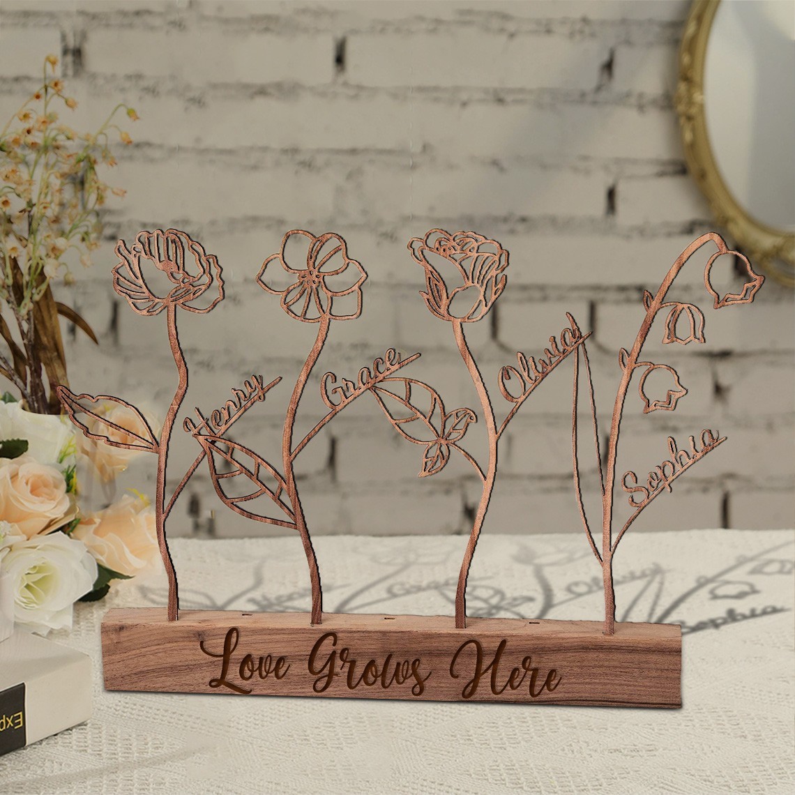 Custom Family Wood Birth Flower Garden with Names Family Keepsake Gifts Christmas Gift for Mum Grandma