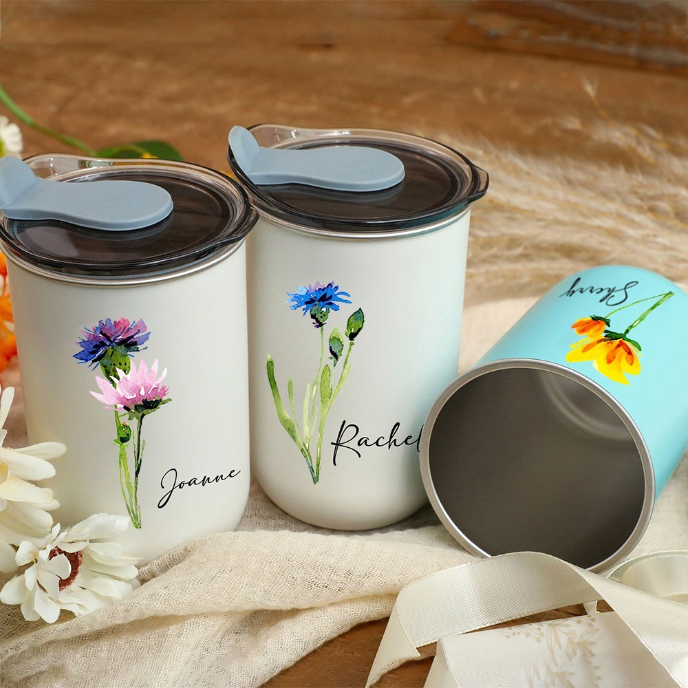 Personalised Birth Flower Insulated Water Tumbler with Lid Bridesmaid Gifts For Her Christmas Gift Ideas Unique Gift For Mum Grandma