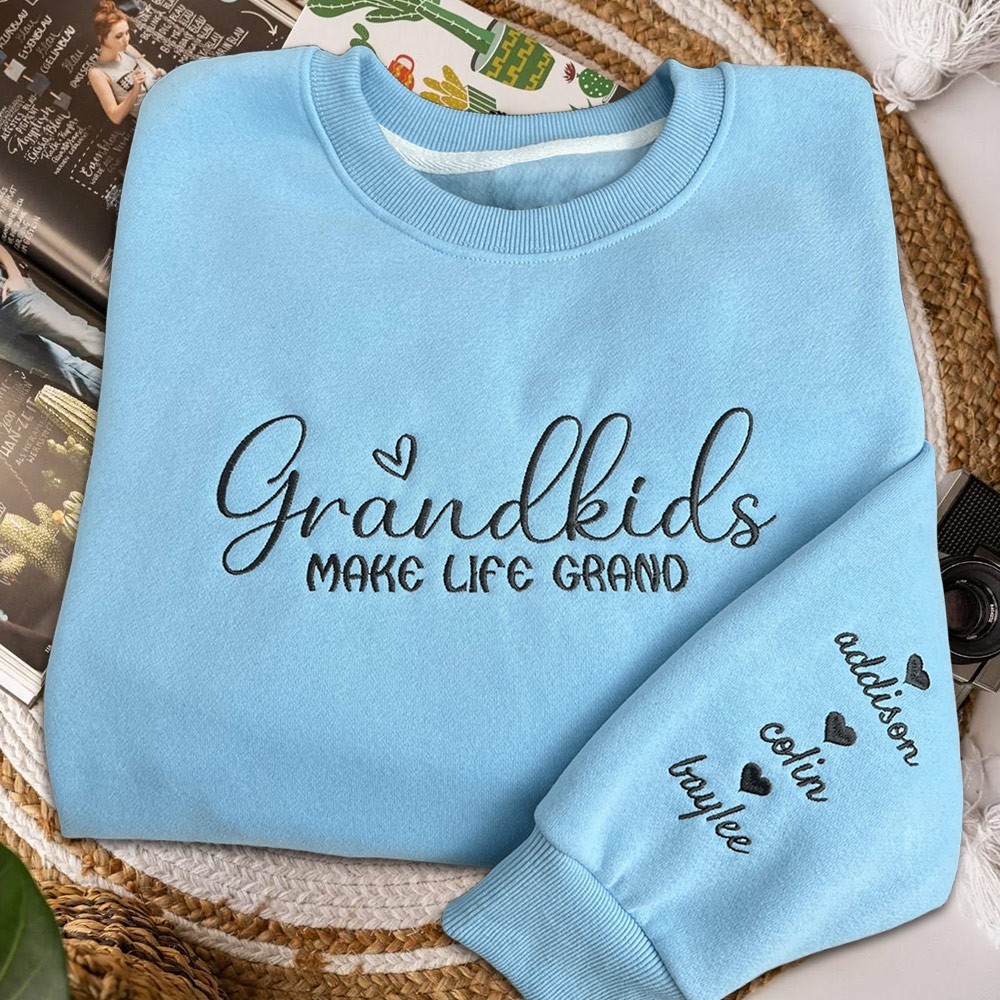 Grandkids Make Life Grand Personalised Grandma Embroidered Sweatshirt with Grandkdis Names on Sleeve Mother's Day Gifts
