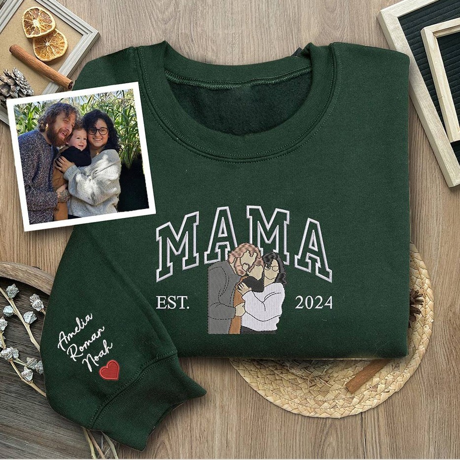 Personalised Mama Embroidered Photo Portrait Sweatshirt with Kids Names on Sleeve Gifts for Mum New Mum Gift Mother's Day Gifts