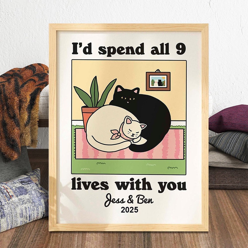Personalised Cat Illustration Retro Couple Print Unique Engagement Gifts Valentine's Day Gifts for Couple Anniversary Gift