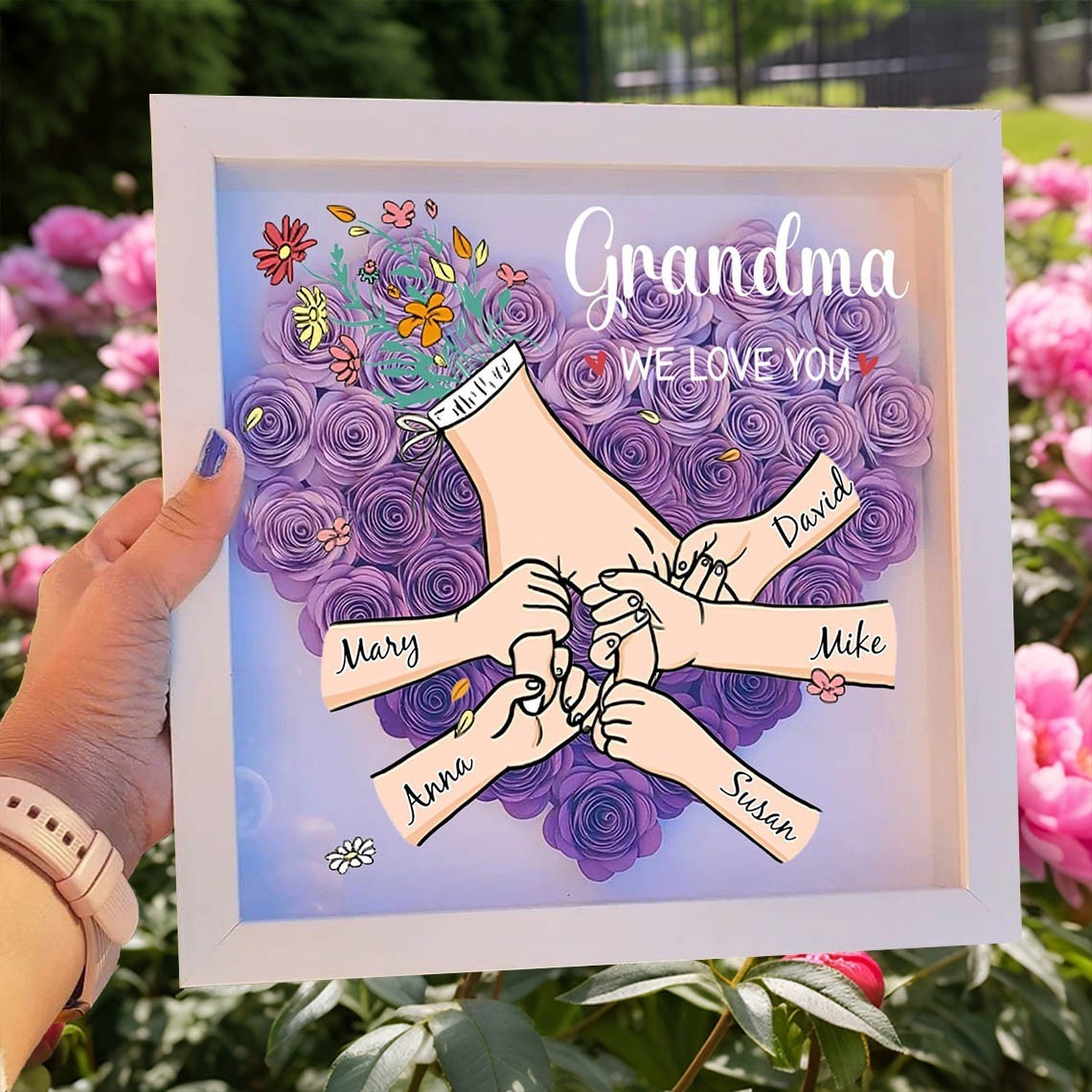 Personalised We Love You Grandma Holding Hands Flower Shadow Box with Grandkids Names for Grandma Mum Unique Mother's Day Gift