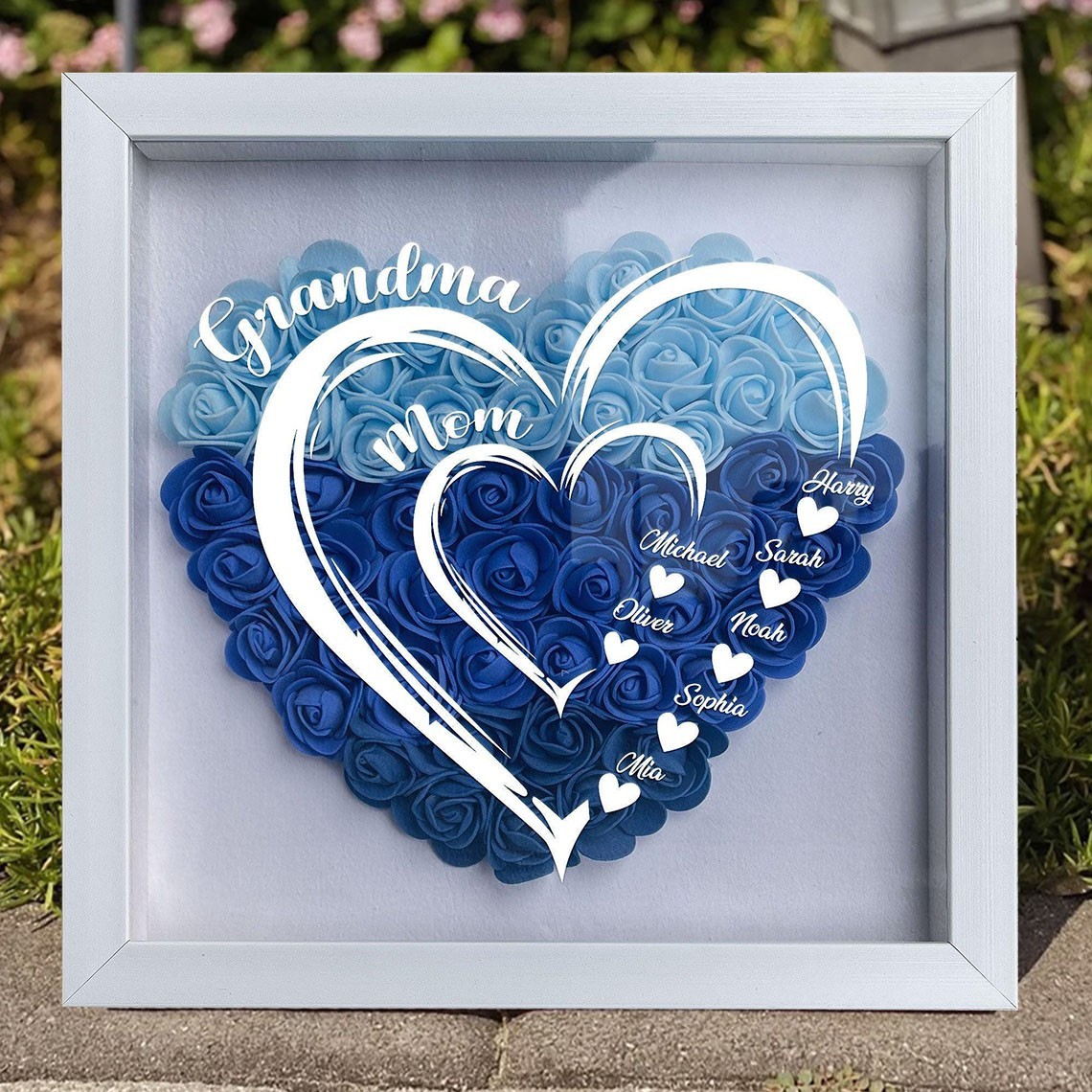 Personalised Heart Shaped Flower Shadow Box with Kids Names Keepsake Gifts for Grandma Mum Mother's Day Gift