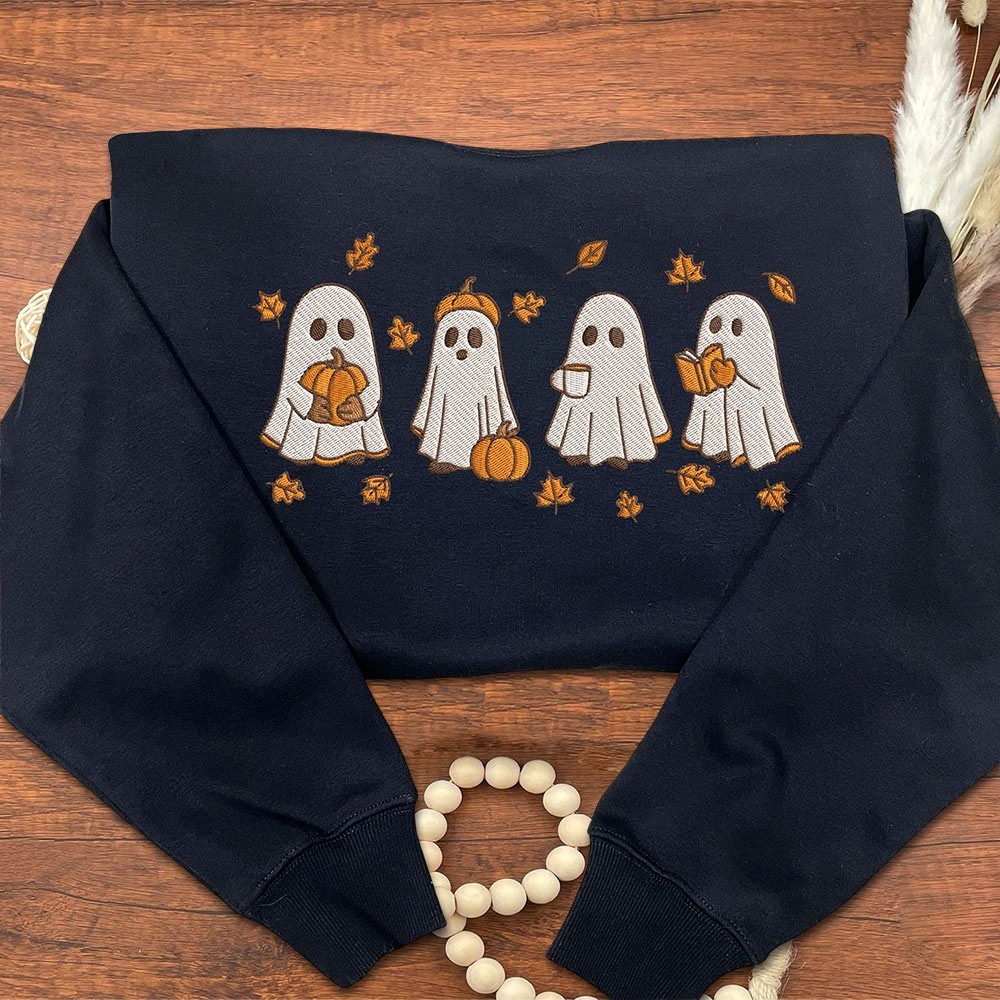 Embroidered Spooky Fall Sweatshirt Halloween Ghost And Pumpkin Sweatshirt Unique Halloween Gifts
