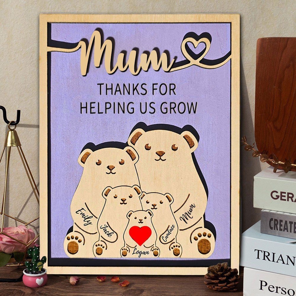 Mum Thanks For Helping Us Grow Personalised Wooden Bear Puzzle Name Sign Keepsake Gifts for Mum Mother's Day Gift