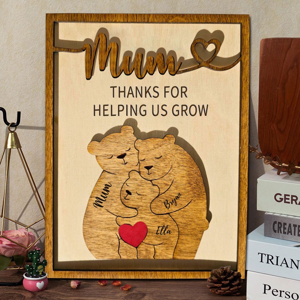 Mum Thanks For Helping Us Grow Personalised Wooden Bear Family Puzzle Sign with Kids Names for Mum Unique Mother's Day Gifts