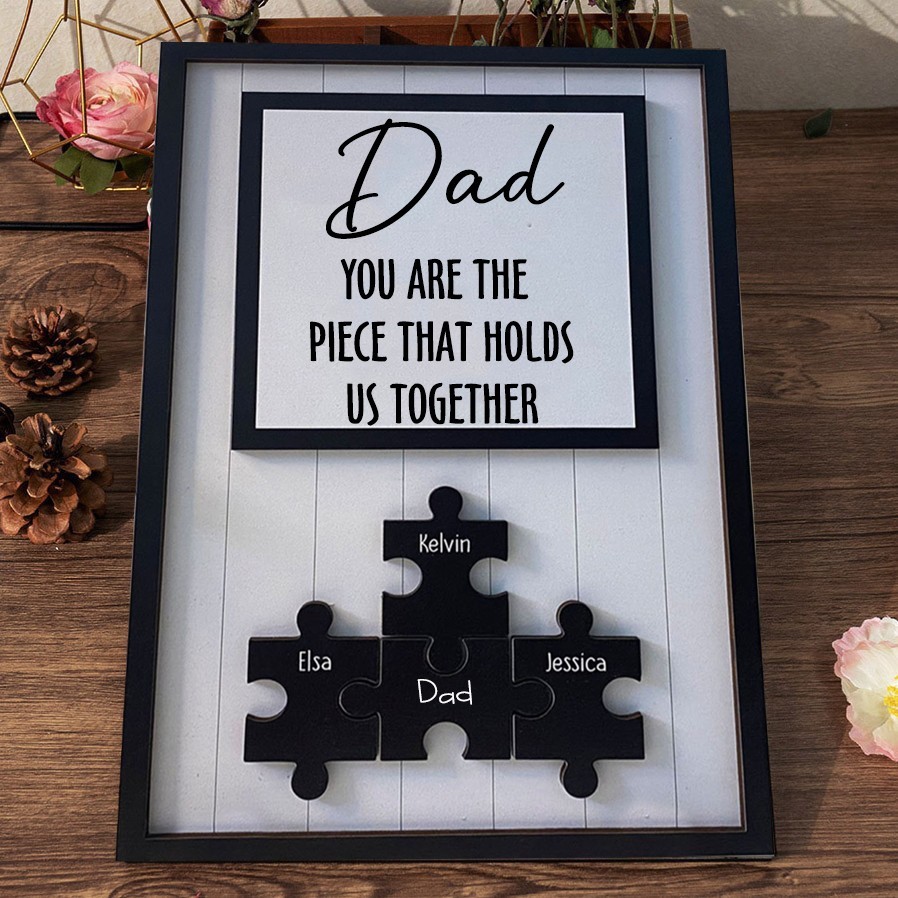 Personalised Dad Sign Wooden Puzzle Pieces Frame Sign With Kids Names Custom Family Gift For Dad Grandpa Unique Father's Day Gift Ideas