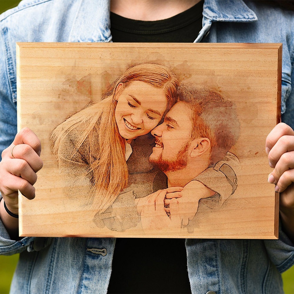 Custom Engraved Couple Portrait Photo on Wood with Watercolor Style Gift for Couples Anniversary Gift Ideas