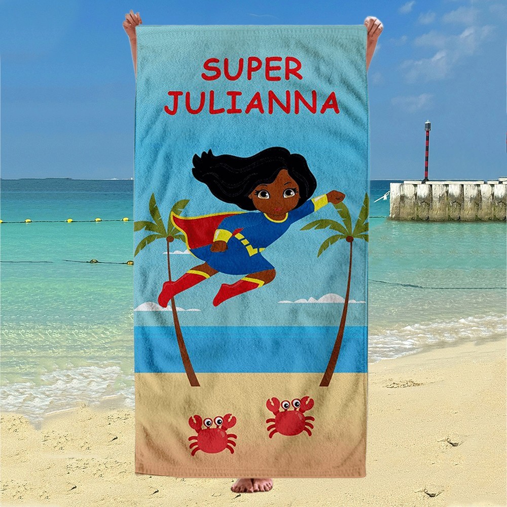 Personalised Cartoon Super Hero Character Beach Towel with Name Gifts for Girls Summer Beach Party Gift for Kids