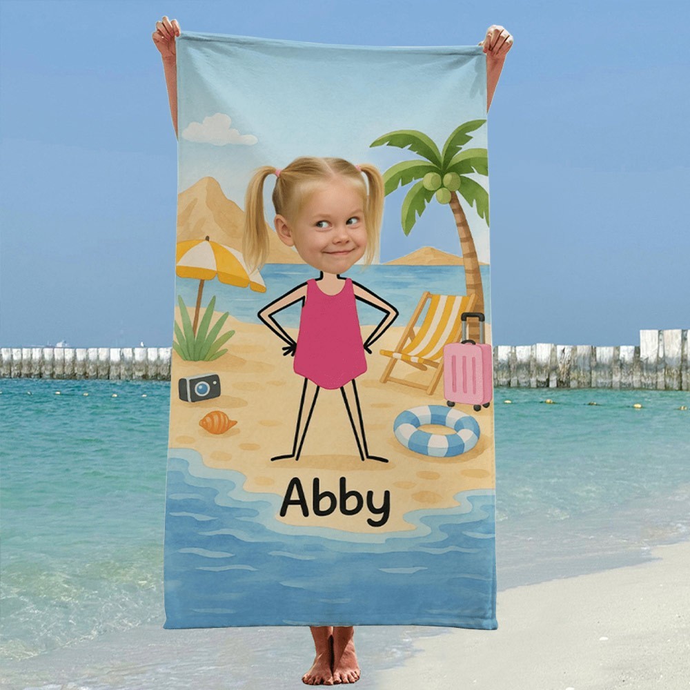 Custom Cartoon Girl or Boy Beach Towel with Photo and Name Summer Towel for Kids Funny Vacation Gifts for Girls Boys