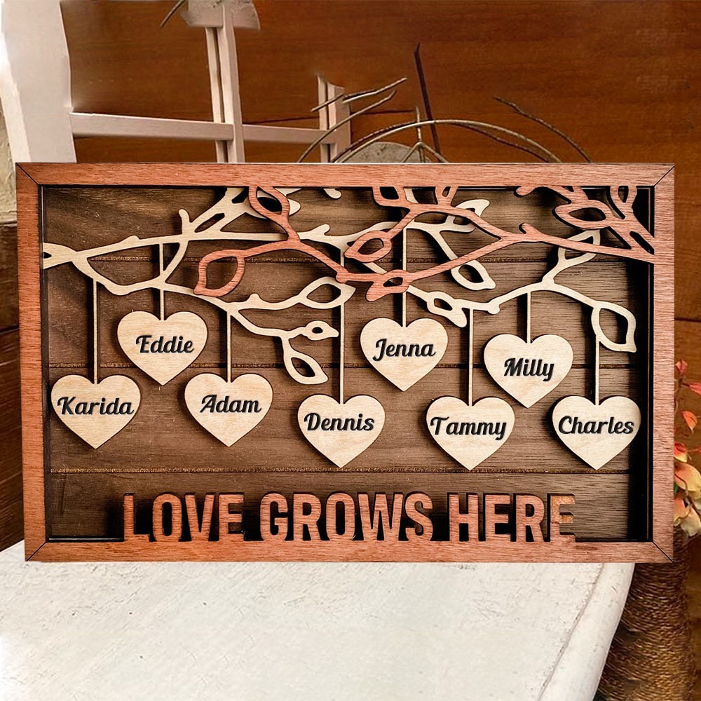 Personalised Wood Love Grows Here Family Tree Frame Sign with Names Keesake Gifts For Grandma Mum Christmas Gift Ideas