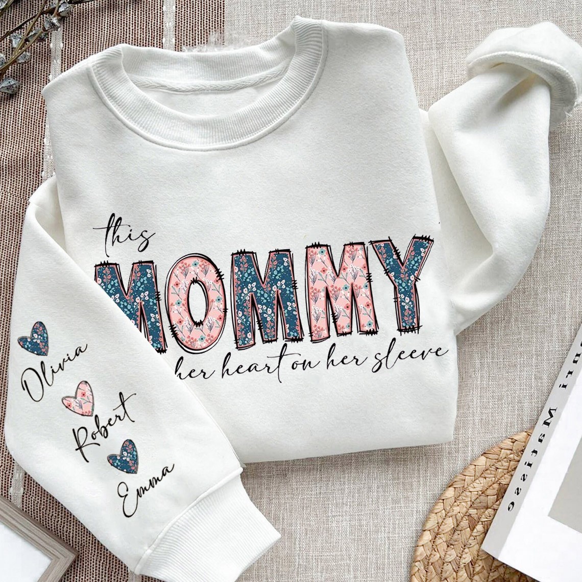 Custom This Mummy Wears Her Heart on Her Sleeve Sweatshirt with Kids Names on Sleeve New Mum Gift Mother's Day Gift Ideas