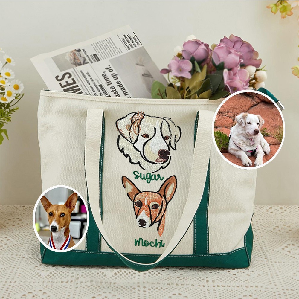 Custom Embroidered Pet Photo Portrait Tote Bag with Name for Women Unique Gifts for Pet Lover Gift Ideas for Dog Lover
