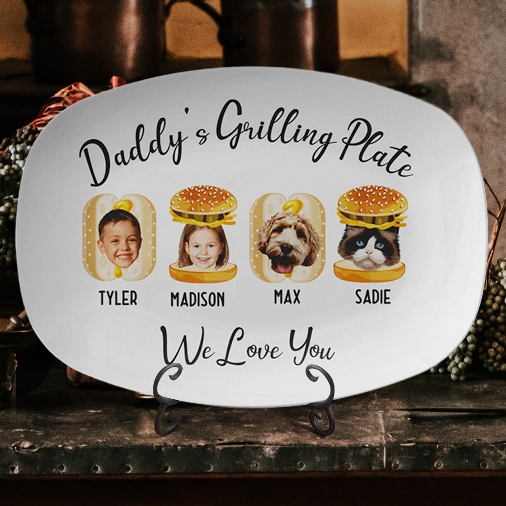 Personalised Daddy's Grilling Plate with Kid's Photos and Names on Burger Gifts for Dad Grandpa Father's Day Gift