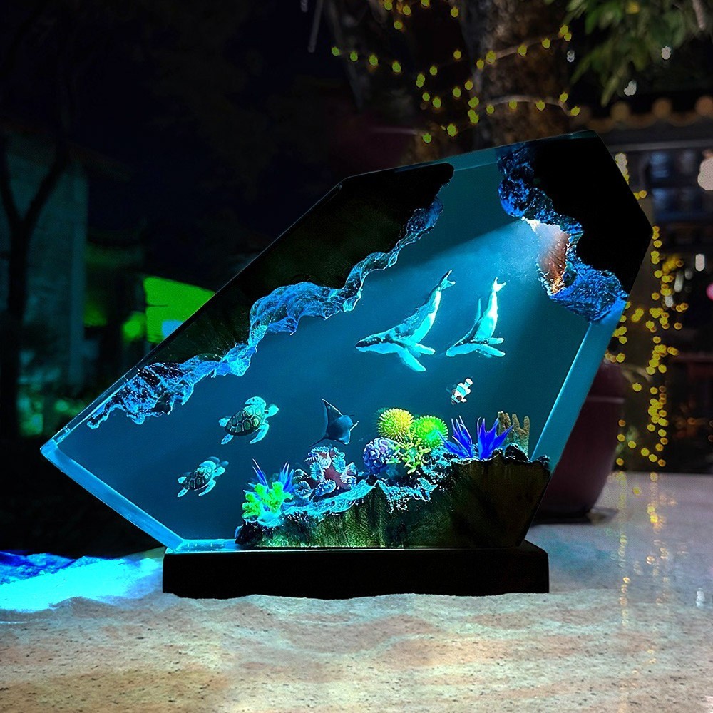 Couple Giant Humpback Whale and Turtle Resin Wood Lamp Birthday Gift for Her, Him Christmas Gift Ideas