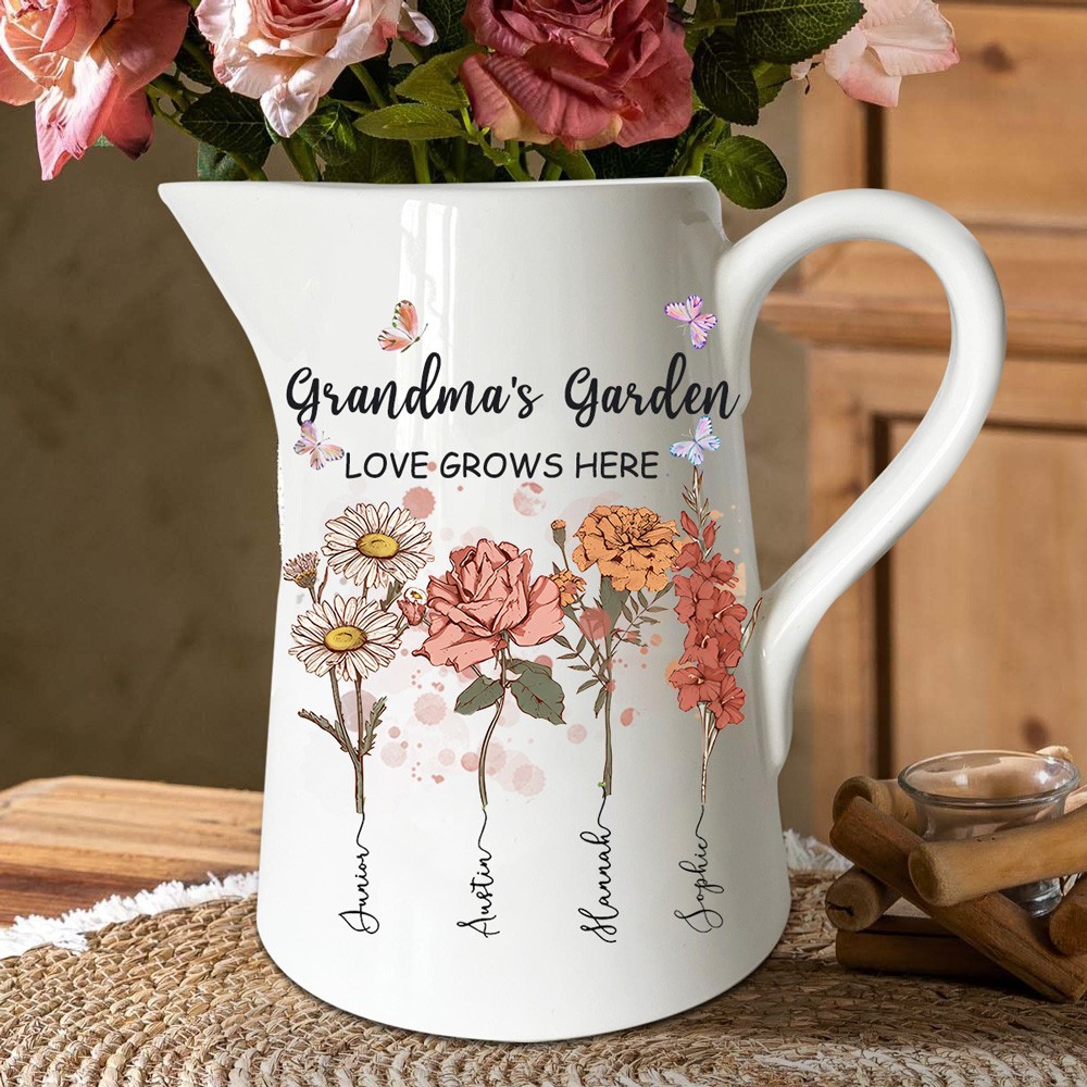 Personalised Grandma's Garden Birth Month Flower Vase with Grandkids Names Gifts for Grandma Mum Mother's Day Gift Ideas