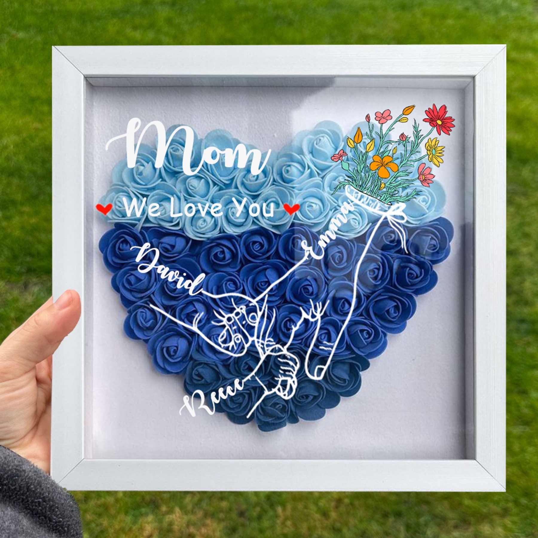 Personalised Holding Hands Heart Flower Shadow Box with Kids Names Keepsake Gifts for Mum Mother's Day Gift Ideas