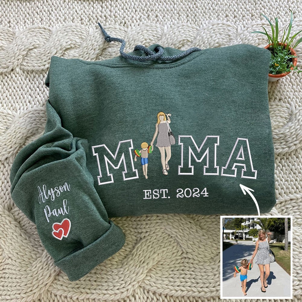 Custom Mama Embroidered Photo Portrait Sweatshirt Hoodie with Kids Names on Sleeve Gifts for Mum Mother's Day Gift
