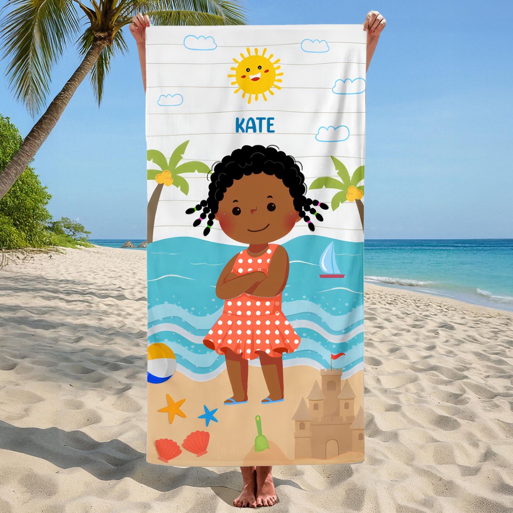 Custom Cartoon Face Beach Towel with Name for Kids Summer Party Birthday Gift for Girls Boys 