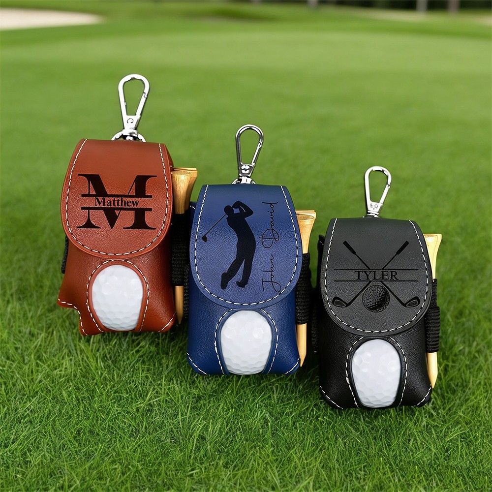 Personalised Leather Golf Ball & Tee Bag Holder with Name Golf Accessories Golfer Sports Gifts Unique Gift for Golf Players