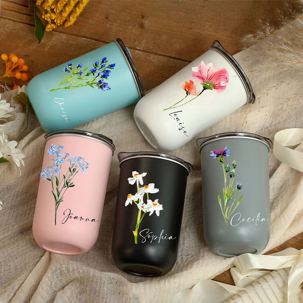 Personalised Birth Flower Tumbler with Lid Wedding Gifts for Her Unique Gift for Mum Christmas Gift Birthday Gift For Grandma