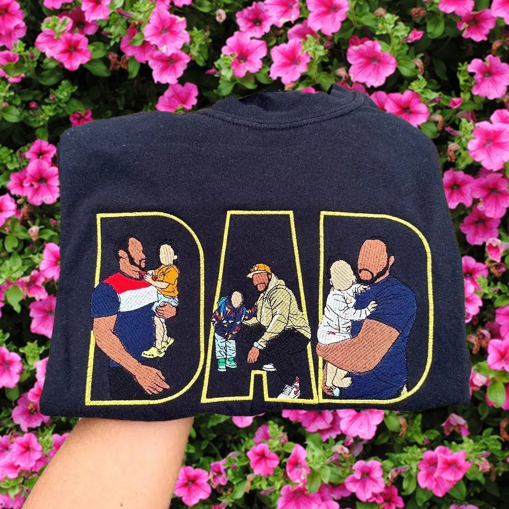 Custom Dad Embroidered Photo Portrait Sweatshirt with Kids Names on Sleeve Unique Gifts for Dad Father's Day Gift