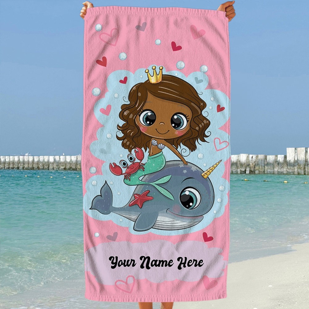Custom Cartoon Mermaid Beach Towel with Name Personalised Beach Towel for Kids Summer Gift for Girls