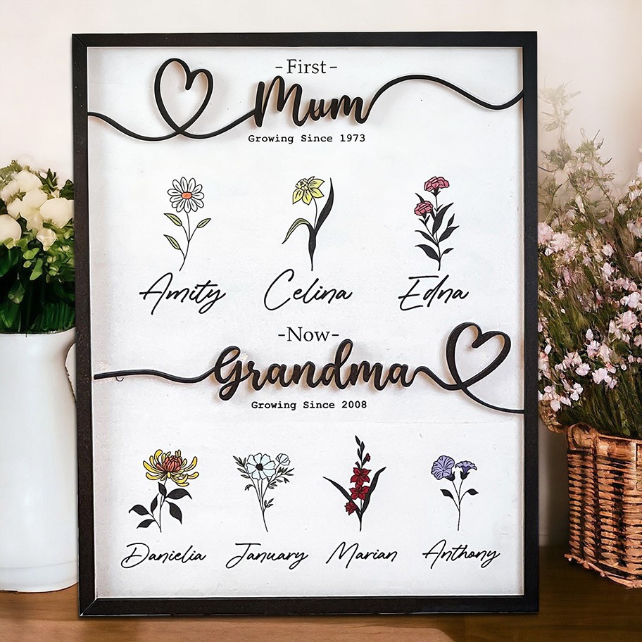 Personalised First Mum Now Grandma Birth Month Flower Frame Sign with Kids Names Gifts for Mum Grandma Mother's Day Gift
