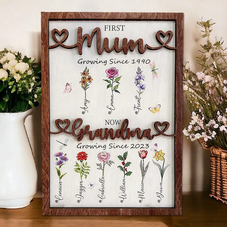 Personalised First Mum Now Grandma Birth Month Flower Wooden Sign Keepsake Gifts for Mum Grandma Mother's Day Gift Ideas