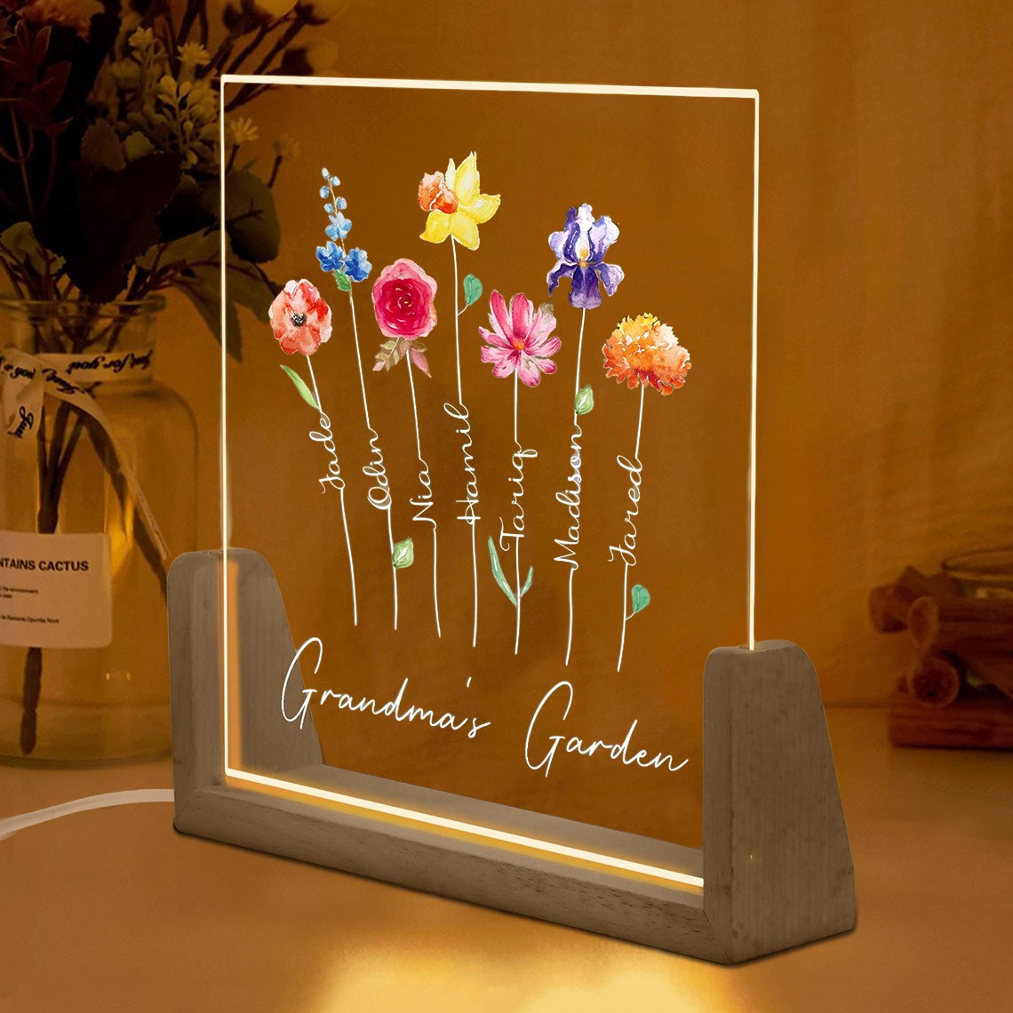 Personalised Grandma's Garden Birth Month Flower Night Light with Kids Names Mother's Day Gift Unique Gifts for Grandma Mum