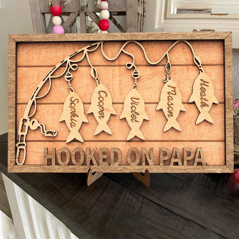 Personalised Hooked On Papa Wood Frame Sign With Kids Names Unique Father's Day Gift