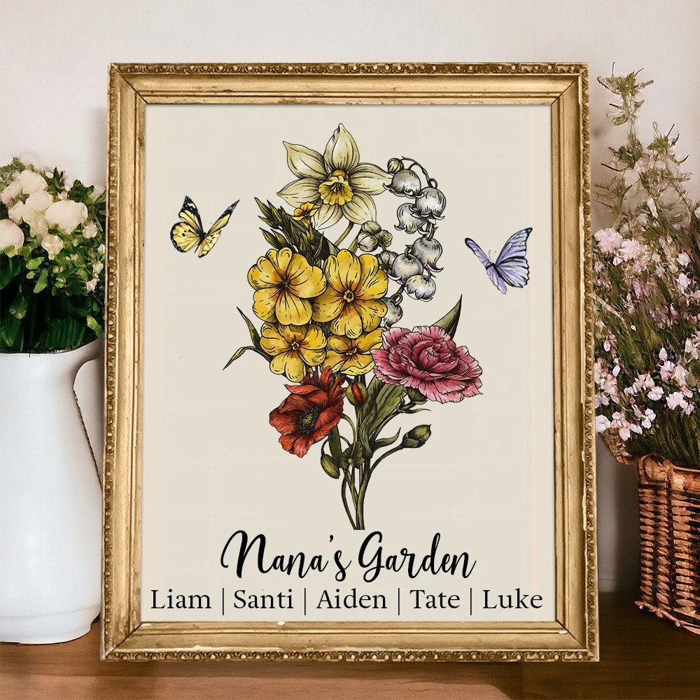 Custom Nana's Garden Birth Flower Frame with Kids Names for Mum Grandma Family Christmas Gifts