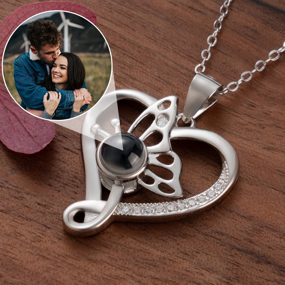 Custom Love Butterfly Photo Projection Necklace Anniversary Day Gifts For Her Couple Gift For Soulmate