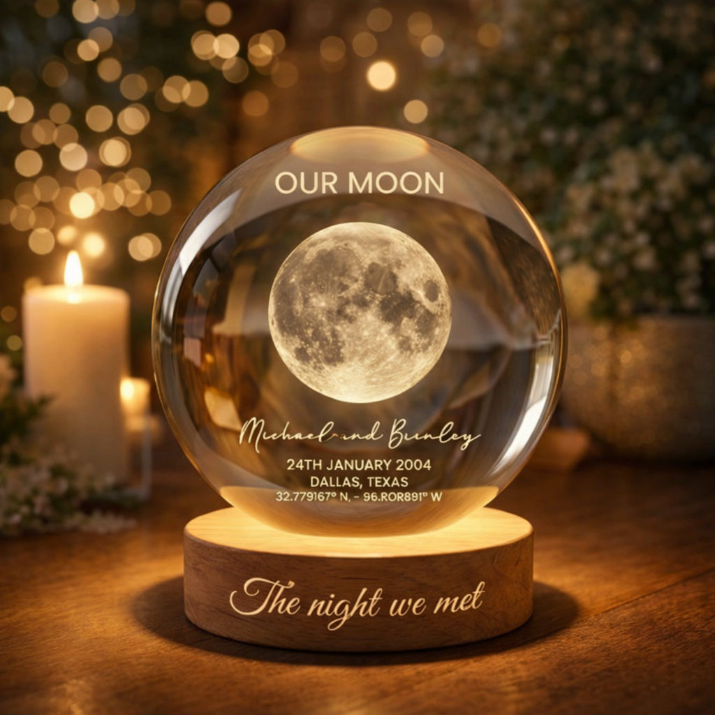 Custom Our Moon Special Day Personalised Crystal Ball LED Night Light WIth Moon Phase Valentine's Day Gift For Couple, Husband, Boyfriend, Wife