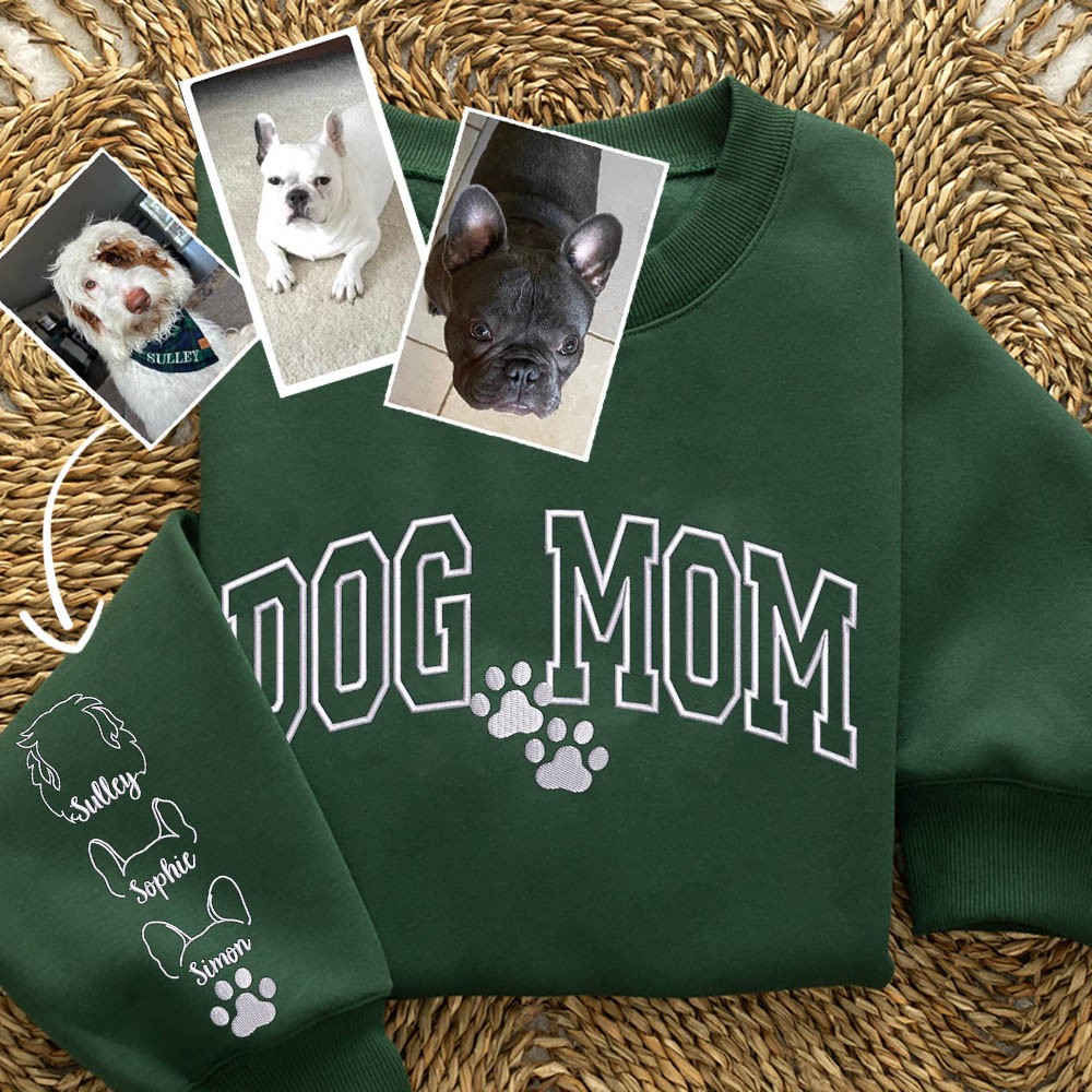 Personalised Embroidered Dog Mum Sweatshirt Hoodie With Dog Ears On Sleeve Gifts For Pet Lover