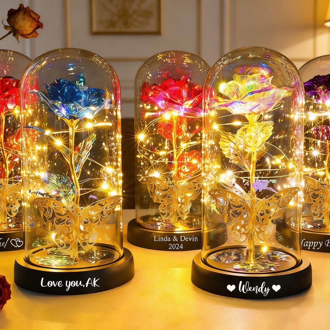 Personalised Galaxy Rose in Glass Dome With LED Light Custom Eternal Love Preserved Rose Anniversary Gifts For Girlfriend Valentine's Day Gift Ideas