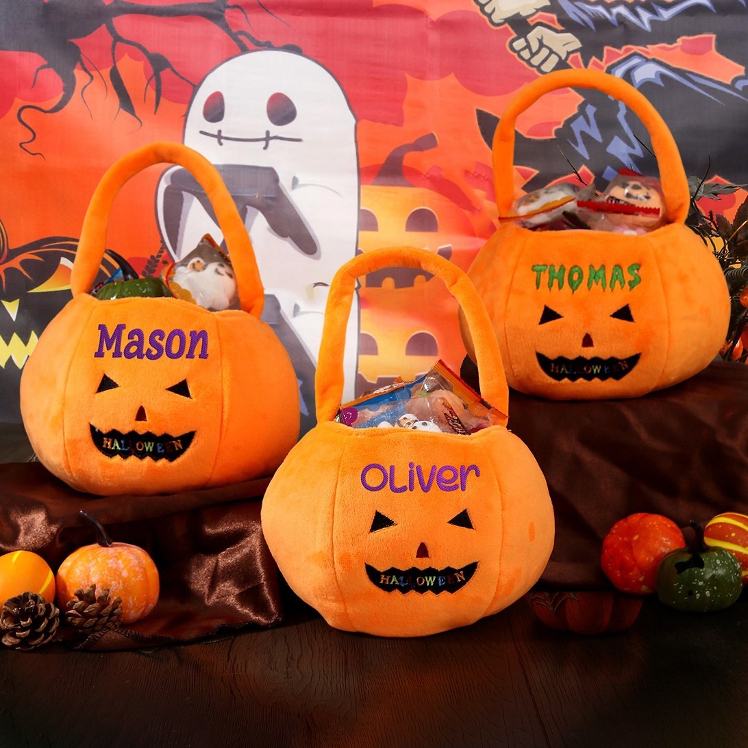 Personalised Halloween Pumpkin Bucket with Embroidered Name Trick or Treat Bag Halloween Gift for Kids